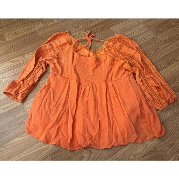 Torrid Orange Swiss Dot Lace Detail 3/4 Sleeve Tunic Blouse Size 1 - Picture 9 of 11